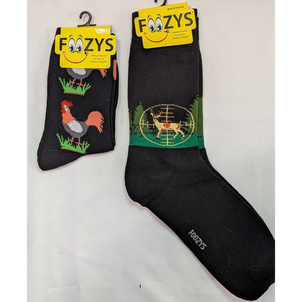 Foozys Crew Socks Mens Womens 9-13 Black New Rooster Deer Hunting Novelty 2pk
